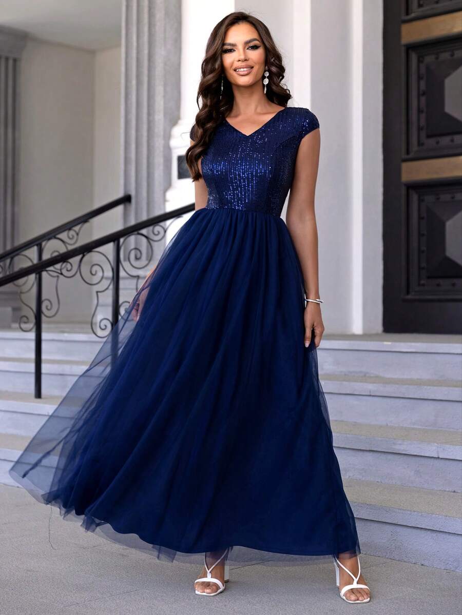 Joyfunear 撞色亮片网眼派对礼服女士正式礼服优雅舞会晚会婚礼宾客礼服，适合毕业典礼、晚宴 - 藏蓝色 - 查看 1