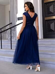 Joyfunear 撞色亮片网眼派对礼服女士正式礼服优雅舞会晚会婚礼宾客礼服，适合毕业典礼、晚宴 - 藏蓝色 - 查看 2