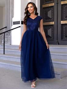 Joyfunear 撞色亮片网眼派对礼服女士正式礼服优雅舞会晚会婚礼宾客礼服，适合毕业典礼、晚宴 - 藏蓝色 - 查看 4