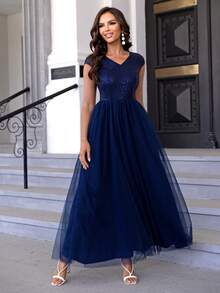 Joyfunear 撞色亮片网眼派对礼服女士正式礼服优雅舞会晚会婚礼宾客礼服，适合毕业典礼、晚宴 - 藏蓝色 - 查看 6