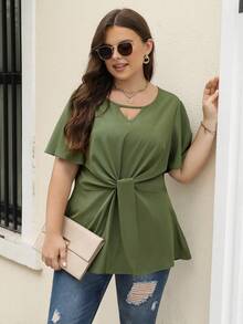 Nemidor 大碼鎖眼領前打結襯衫 - 軍綠色 - 查看 6