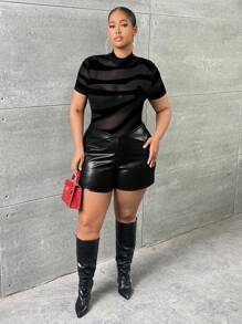 SHEIN SXY Plus High Waist PU Leather Shorts - Black - View 5