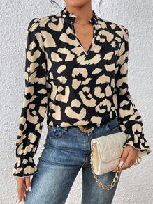 SHEIN Frenchy 滿版印花喇叭袖襯衫 - 黑色 - 查看 1