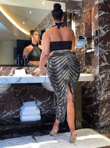 SHEIN SXY Hơn Cao eo Tách đùi Kim sa Váy - Bạc - Xem 1