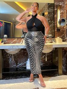 SHEIN SXY Hơn Cao eo Tách đùi Kim sa Váy - Bạc - Xem 5