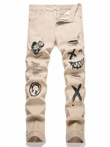 Men Cartoon Floral Print Ripped Jeans - Standard Fit Distressed Denim Trousers - Khaki - View 1