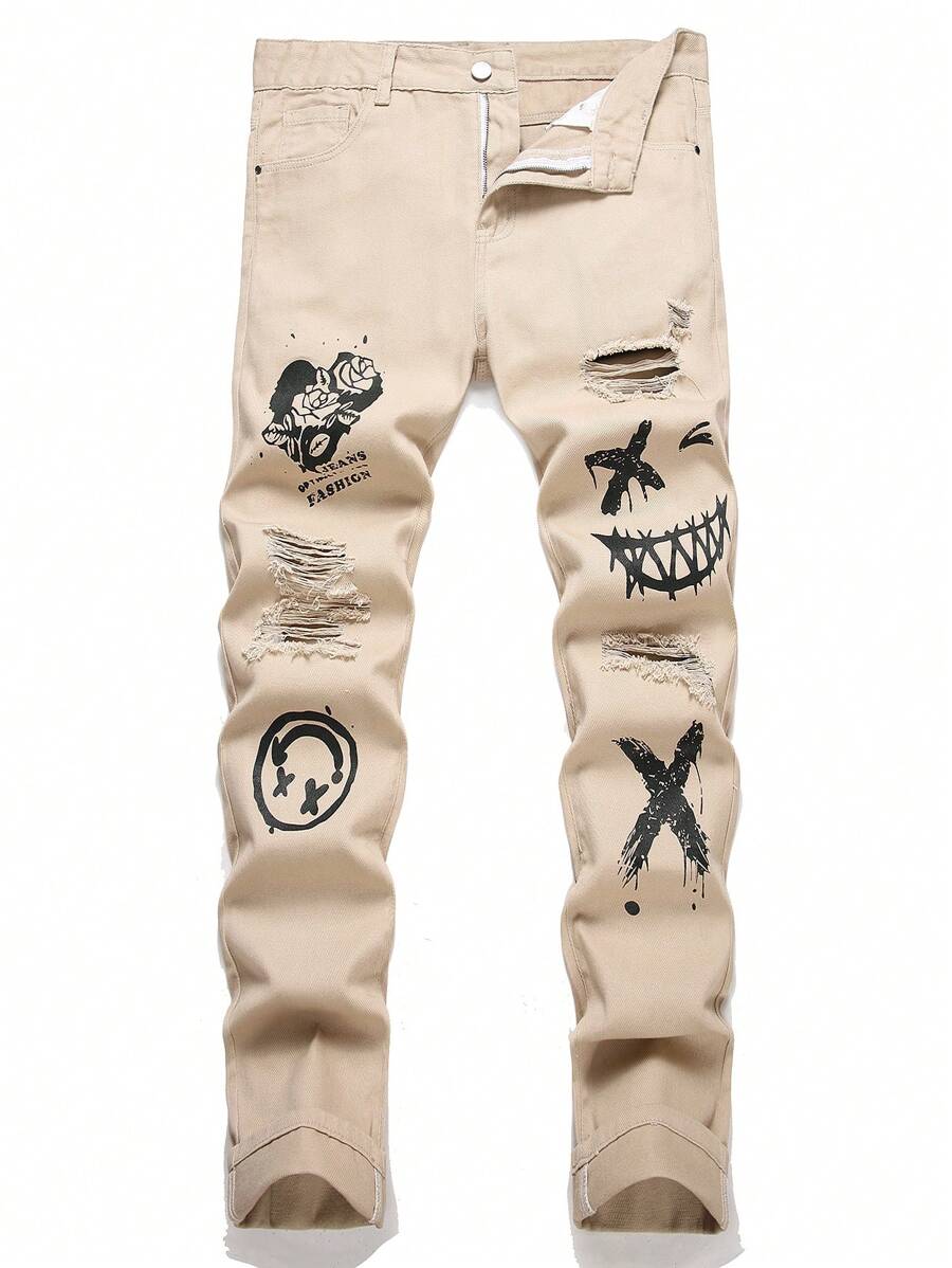 Men Cartoon Floral Print Ripped Jeans - Standard Fit Distressed Denim Trousers - Khaki - View 1