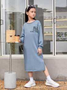 SHEIN Tween Girl Slogan Graphic Drop Shoulder Split Hem Sweatshirt Dress - Dusty Blue - View 6