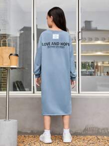 SHEIN Tween Girl Slogan Graphic Drop Shoulder Split Hem Sweatshirt Dress - Dusty Blue - View 2