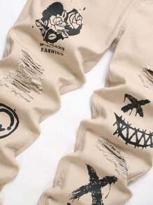 Men Cartoon Floral Print Ripped Jeans - Standard Fit Distressed Denim Trousers - Khaki - View 6