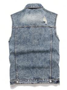 男士破洞抽鬚牛仔夾克背心 - 中等水洗藍 - 查看 2