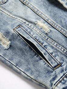 男士破洞抽鬚牛仔夾克背心 - 中等水洗藍 - 查看 3