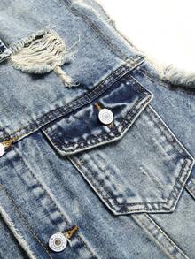 男士破洞抽鬚牛仔夾克背心 - 中等水洗藍 - 查看 4