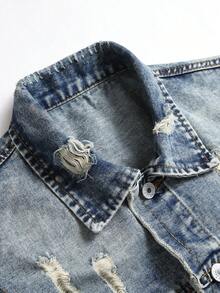 男士破洞抽鬚牛仔夾克背心 - 中等水洗藍 - 查看 6