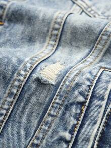 男士破洞抽鬚牛仔夾克背心 - 中等水洗藍 - 查看 7