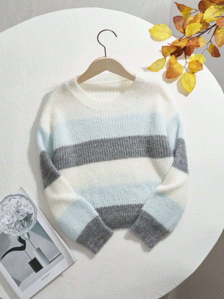 SHEIN Leap Crew Tween Girl Casual Fitted Long Sleeve Crewneck Pullover Tops - Multicolor - View 1