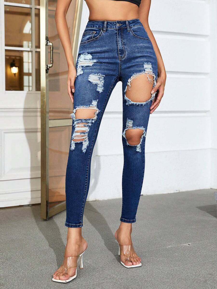 SHEIN Essnce 高腰破洞緊身牛仔褲 - 深色水洗藍 - 查看 1