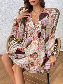 SHEIN VCAY 色塊拼接圖案燈籠袖連衣裙 - 彩色 - 查看 5