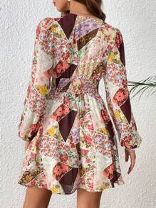 SHEIN VCAY 色塊拼接圖案燈籠袖連衣裙 - 彩色 - 查看 3