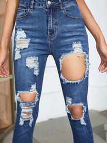SHEIN Essnce 高腰破洞緊身牛仔褲 - 深色水洗藍 - 查看 3
