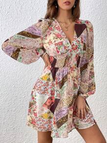 SHEIN VCAY 色塊拼接圖案燈籠袖連衣裙 - 彩色 - 查看 4