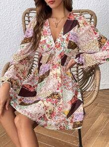 SHEIN VCAY 色塊拼接圖案燈籠袖連衣裙 - 彩色 - 查看 2