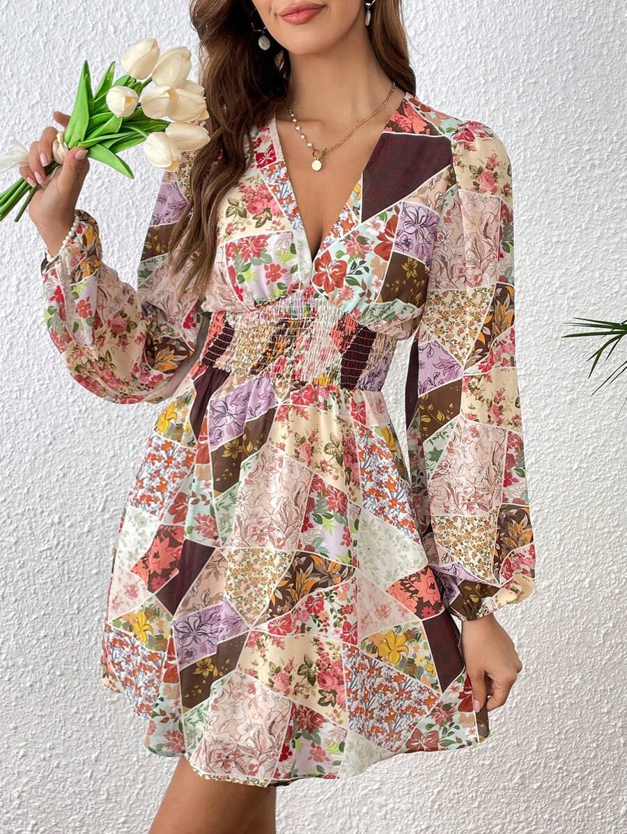 SHEIN VCAY 色塊拼接圖案燈籠袖連衣裙 - 彩色 - 查看 1