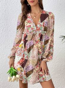 SHEIN VCAY 色塊拼接圖案燈籠袖連衣裙 - 彩色 - 查看 6