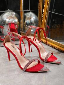 Pointed Toe Giày cao gót Pha lê Dép xăng đan - Đỏ - Xem 5