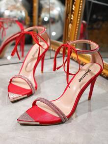 Pointed Toe Giày cao gót Pha lê Dép xăng đan - Đỏ - Xem 6