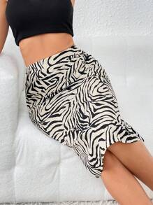 SHEIN Privé 斑馬紋高腰半身裙 - 彩色 - 查看 1