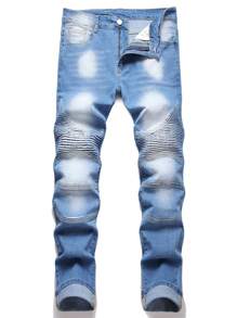 Men Ripped Frayed Bleach Wash Jeans - Medium Wash - View 1