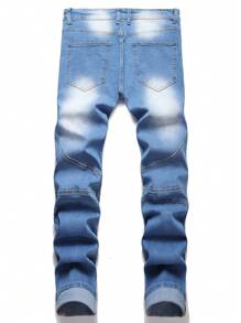 Men Ripped Frayed Bleach Wash Jeans - Medium Wash - View 2