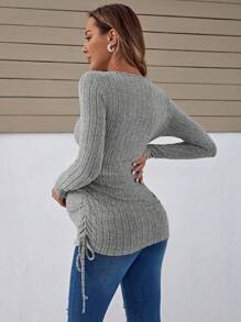 SHEIN Maternidad Camiseta con cordón lateral tejido de canalé - Gris - Ver 3