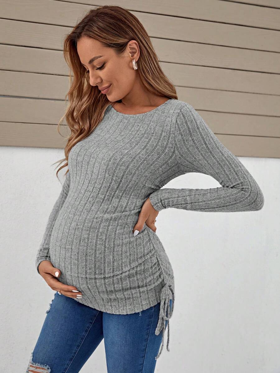SHEIN Maternidad Camiseta con cordón lateral tejido de canalé - Gris - Ver 1