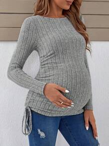 SHEIN Maternidad Camiseta con cordón lateral tejido de canalé - Gris - Ver 4