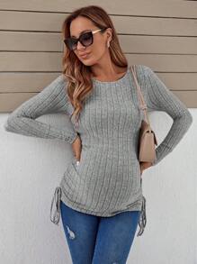 SHEIN Maternidad Camiseta con cordón lateral tejido de canalé - Gris - Ver 5
