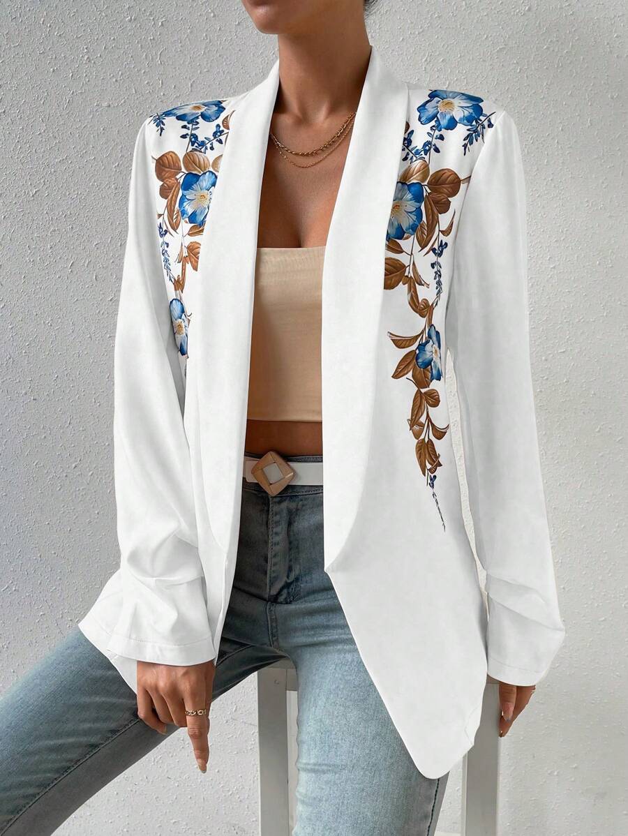 SHEIN Privé Floral Print Shawl Collar Open Front Blazer - White - View 1