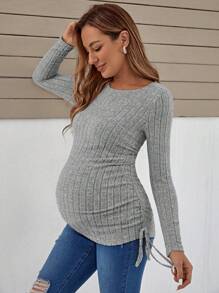 SHEIN Maternidad Camiseta con cordón lateral tejido de canalé - Gris - Ver 6
