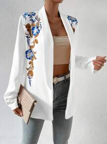 SHEIN Privé Floral Print Shawl Collar Open Front Blazer - White - View 4