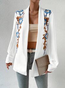 SHEIN Privé Floral Print Shawl Collar Open Front Blazer - White - View 5