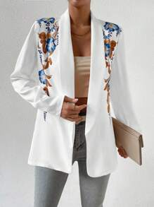 SHEIN Privé Floral Print Shawl Collar Open Front Blazer - White - View 6
