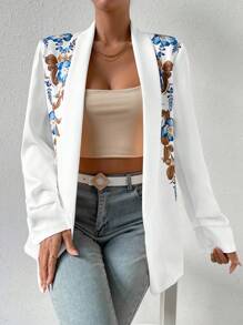 SHEIN Privé Floral Print Shawl Collar Open Front Blazer - White - View 7