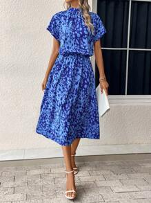 SHEIN LUNE Allover Print Batwing Sleeve Dress - Blue - View 1