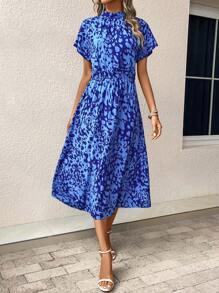 SHEIN LUNE Allover Print Batwing Sleeve Dress - Blue - View 3