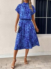 SHEIN LUNE Allover Print Batwing Sleeve Dress - Blue - View 4