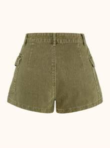 SHEIN EZwear Chất rắn Túi có nắp Quần short Denim - xanh quân đội - Xem 2