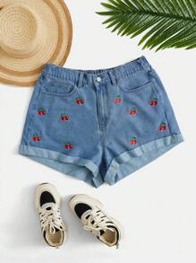 SHEIN EZwear 大碼櫻桃刺繡卷邊牛仔短褲 - 中等水洗藍 - 查看 1