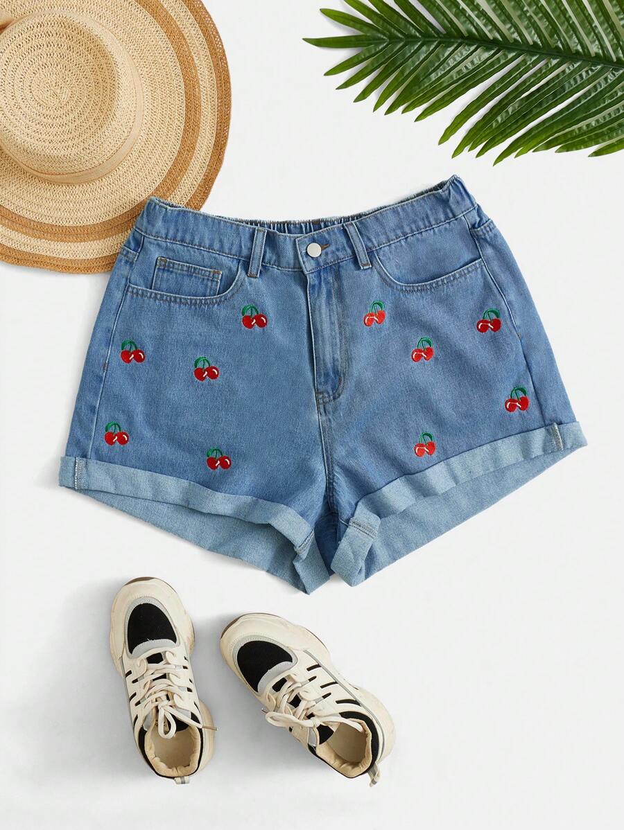 SHEIN EZwear 大碼櫻桃刺繡卷邊牛仔短褲 - 中等水洗藍 - 查看 1
