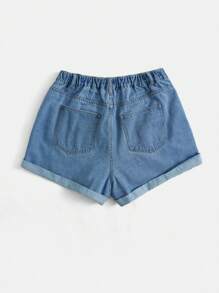 SHEIN EZwear 大碼櫻桃刺繡卷邊牛仔短褲 - 中等水洗藍 - 查看 2